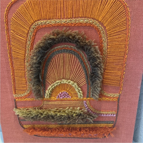 MCM Vintage 1970s Orange Yarn Fiber Embroidery Hand Woven Boho 14x18”